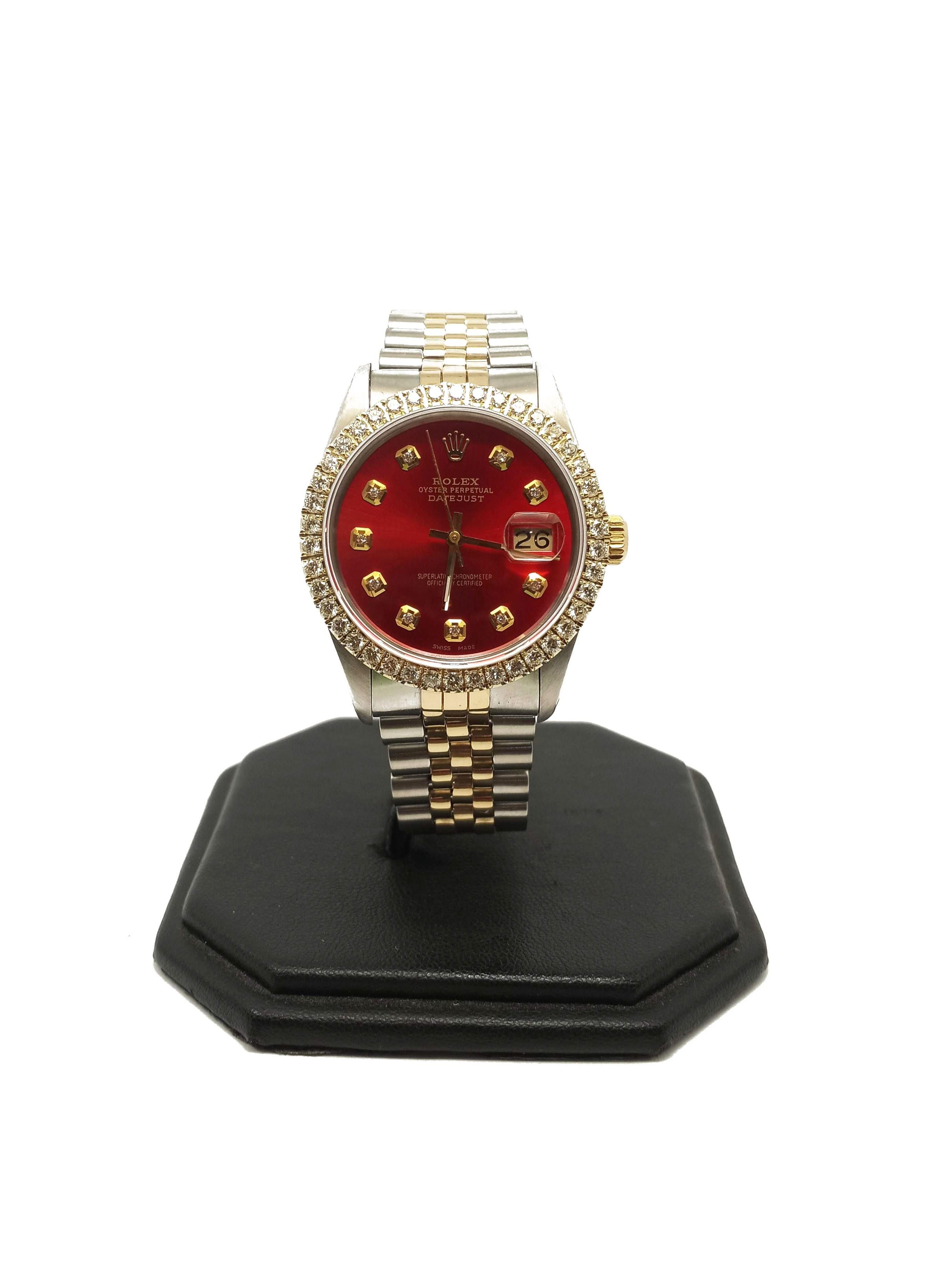 Brand - Rolex
Gender - Mens
Model - 16233 datejust
Condition - pre owned
Metals - Yellow Gold/Stainless steel
Case size - 36mm
Bezel - Steel 2.0 CT diamond
Crystal - sapphire
Movement - Automatic cal 3135
Dial - Refinished Red diamond
Wrist band -