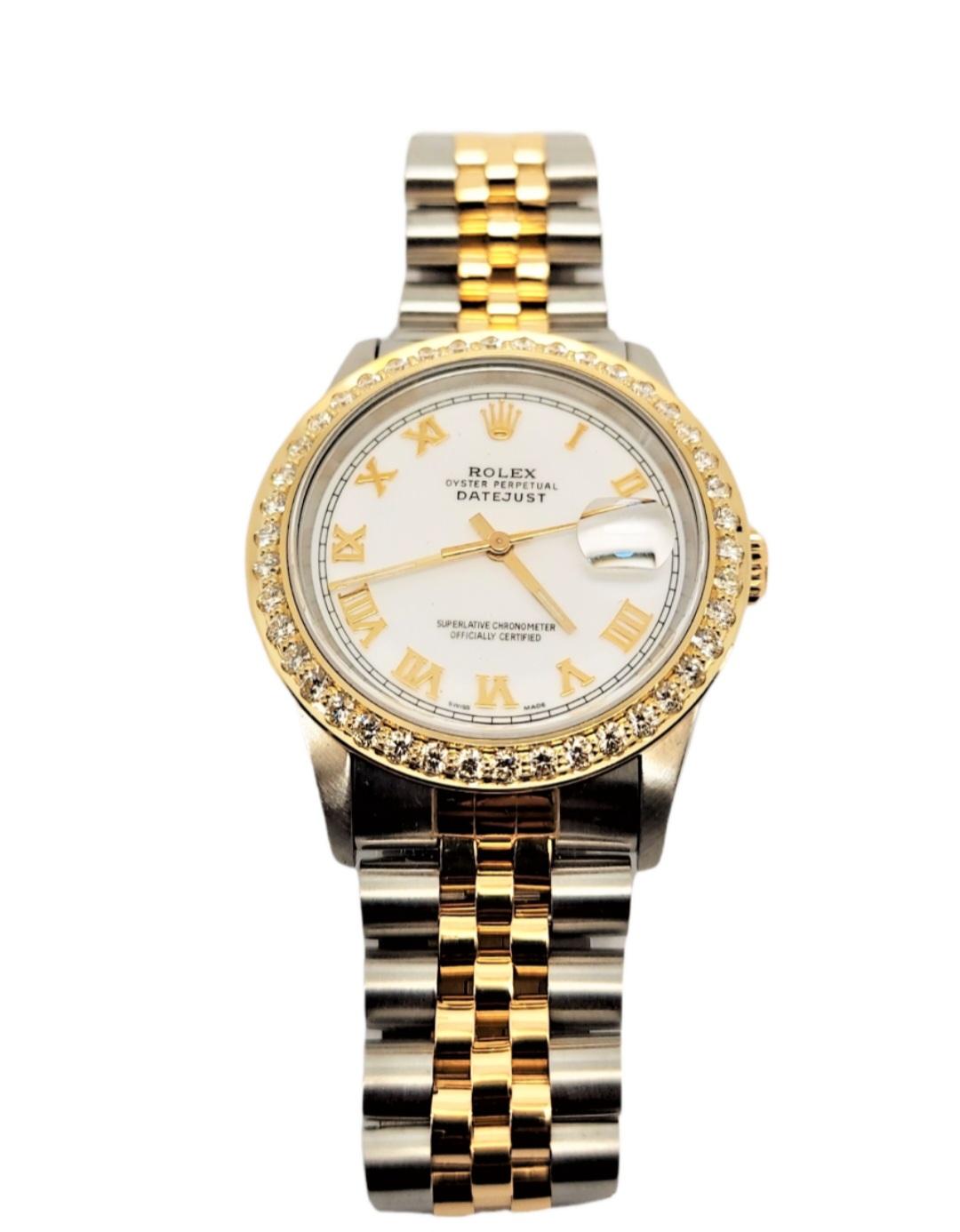 Brand - Rolex
Gender - Unisex
Metals - stainless steel / yellow gold 
Model - 16233 Datejust 
Case size - 36mm
Bezel - Yellow Gold fluted 
Crystal - Sapphire
Dial - White Roman Numeral 
Movement - Automatic CAL-3135
Wrist Band - two tone