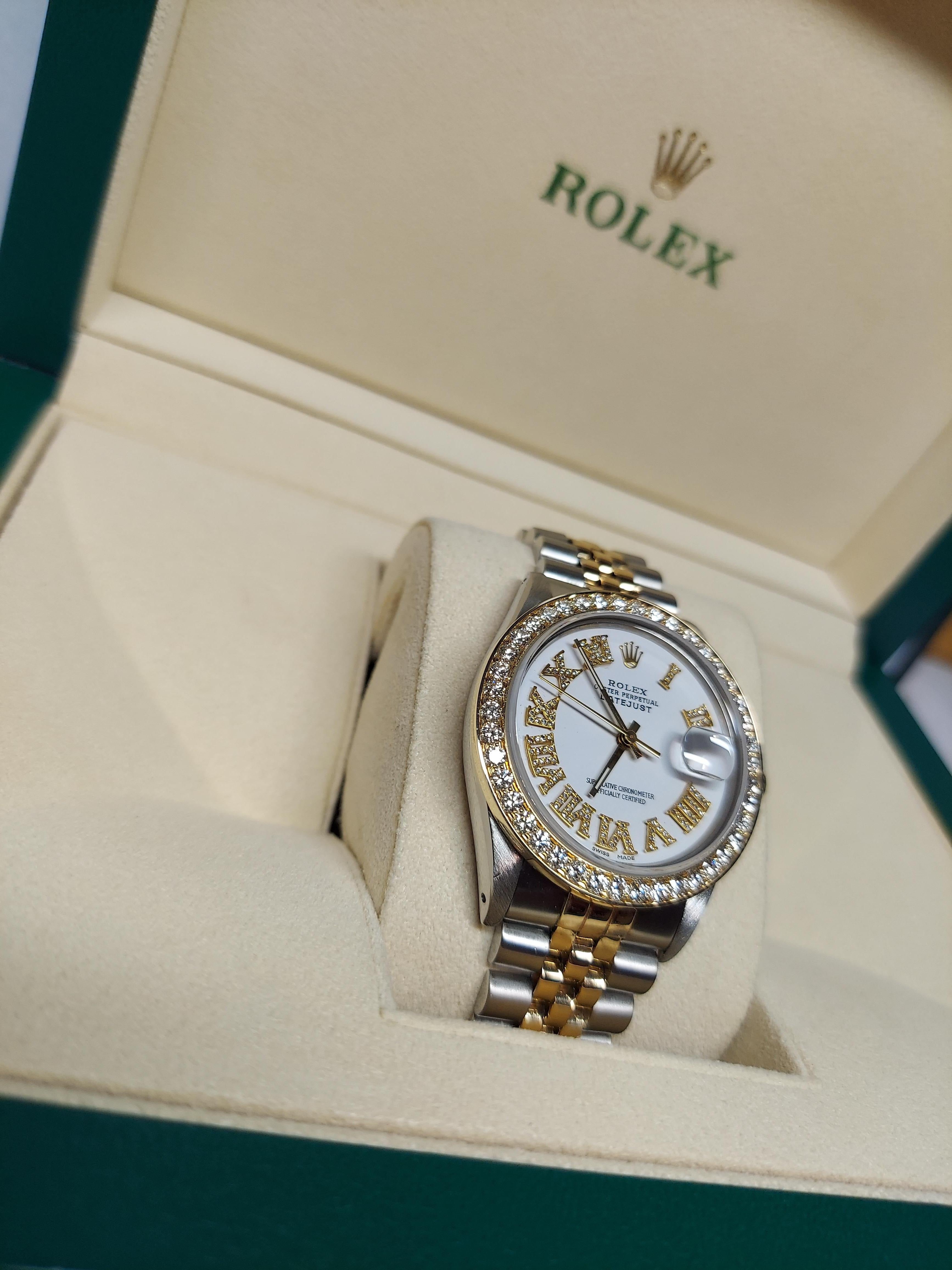 Modern Rolex 36mm Datejust 16233 white Roman numeral 2.0CT Diamond jubilee For Sale