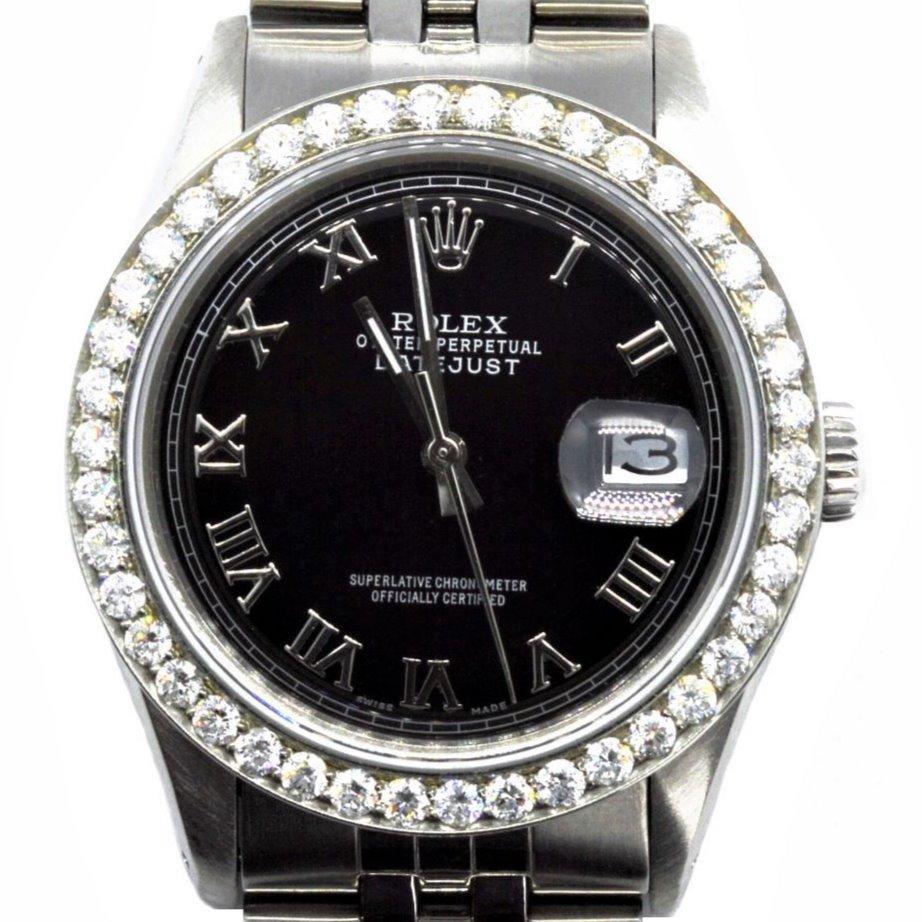 Brand - Rolex
Gender - mens
Model - 16030 datejust
Condition - pre owned
Metals - steel
Case size - 36 mm
Bezel - stainless steel 2.0 CT diamond
Crystal - sapphire
Movement - automatic caliber 3035
Dial - Refinished black roman
Wrist band - steel