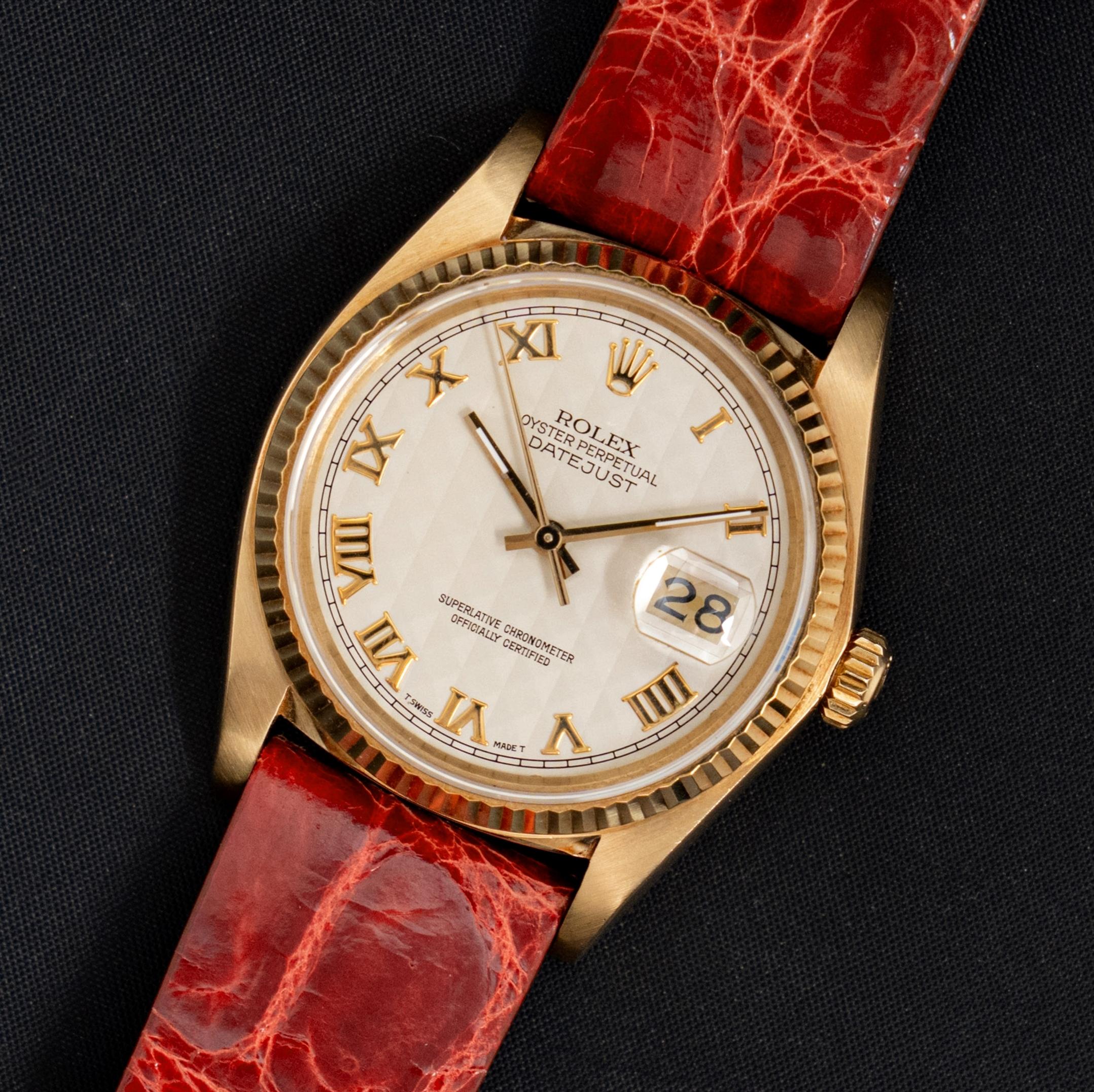 Brand: Vintage Rolex
Model: 16018
Year: 1978
Serial number: 58xxxxx
Reference: C03900

Case: 18K Yellow Gold 36mm in diameter without crown; Show sign of wear with slight polish from previous; inner case back stamped 16000

Dial: Excellent condition