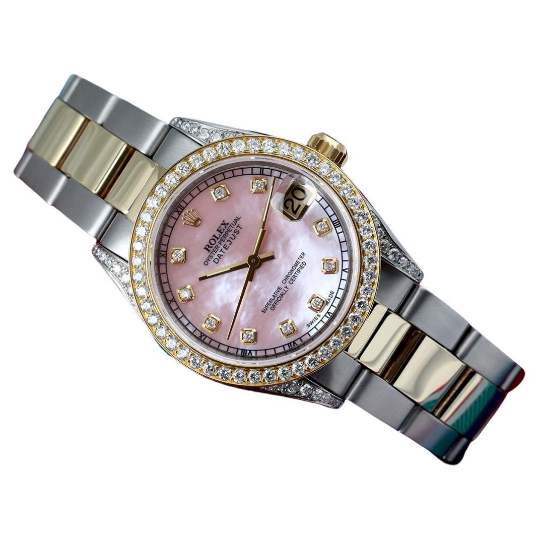 Rolex Datejust 2-farbiges rosa MOP-Zifferblatt mit Diamant-Akzent-Lünette + Gepäckstücke