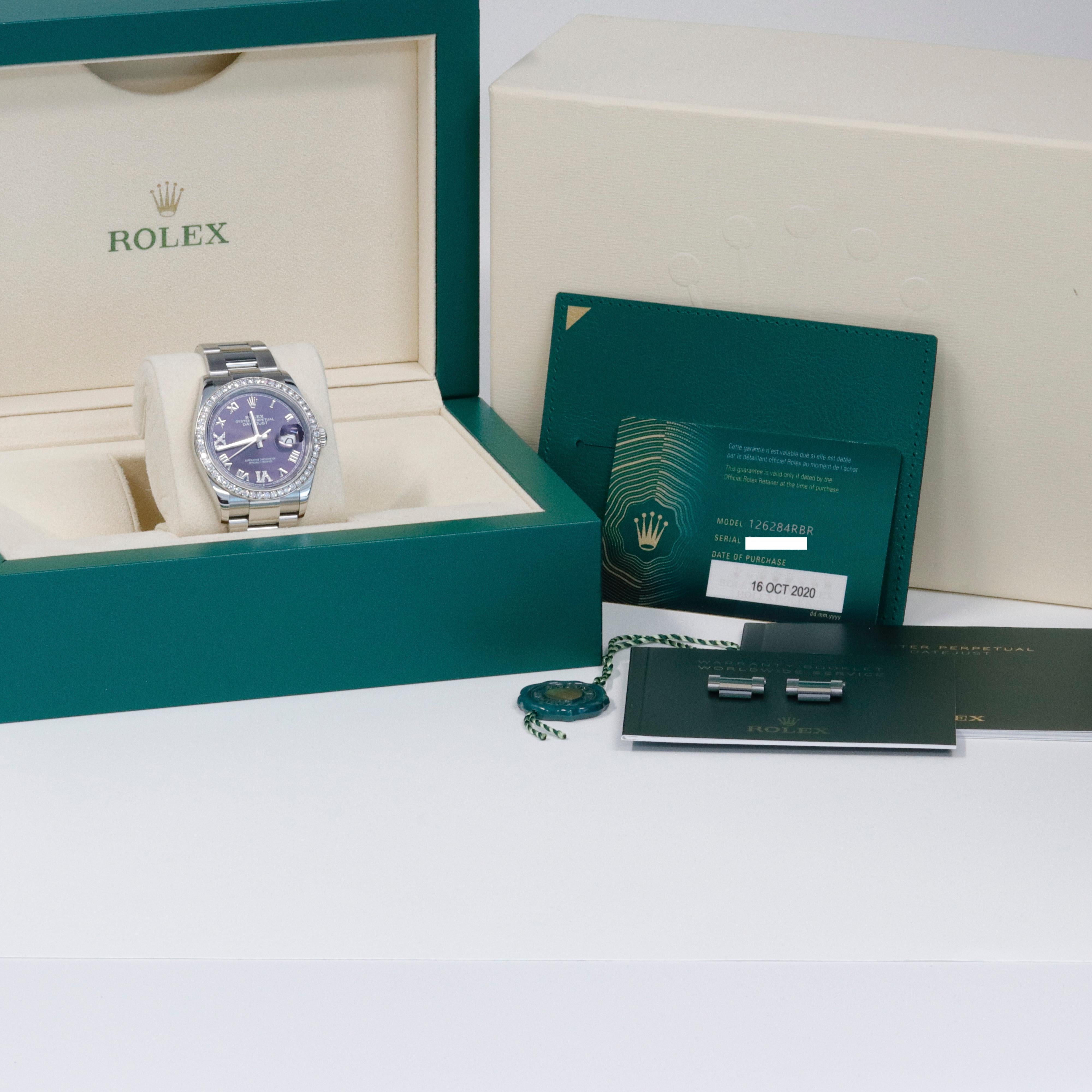 The exclusive factory diamond bezel and diamond dial 36mm aubergine purple Rolex Datejust ( Model # 126284RBR ) is the perfect every day watch, that wears casually or formally. 

The original deep purple dial gives subtle hints of color, with the