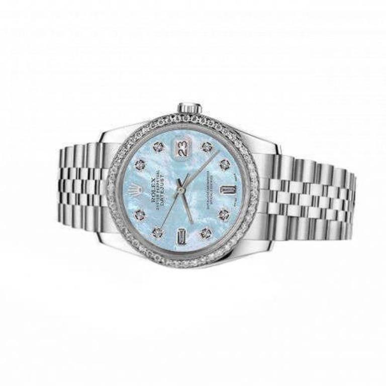Rolex 36mm Datejust custom Baby Blue Mother Of Pearl Dial with Baguette & Round Diamond Numbers 16030 custom Bezel
