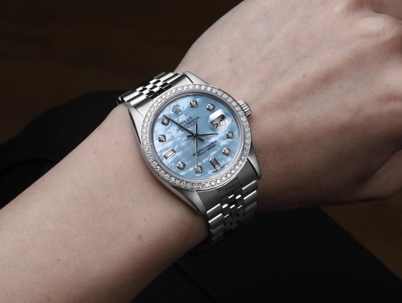 Round Cut Rolex 36mm Datejust Baby Blue MOP Dial with Baguette & Round Diamond Numbers For Sale