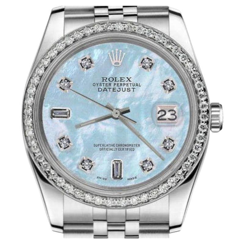 Rolex 36mm Datejust Baby Blue MOP Dial with Baguette & Round Diamond Numbers For Sale