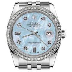 Rolex Montre Datejust 36 mm bleu pâle avec cadran MOP et numéros de diamants baguettes et ronds