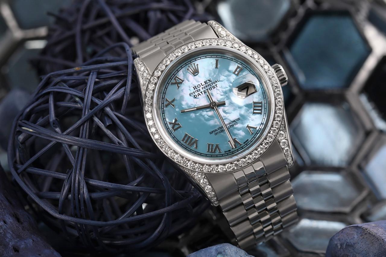 Rolex Montre Datejust bleu pâle avec cadran MOP et lunette en diamants avec chiffres romains Excellent état - En vente à New York, NY