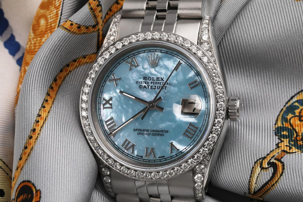 Round Cut Rolex Datejust Baby Blue MOP Dial with Roman Numerals Diamond Bezel For Sale