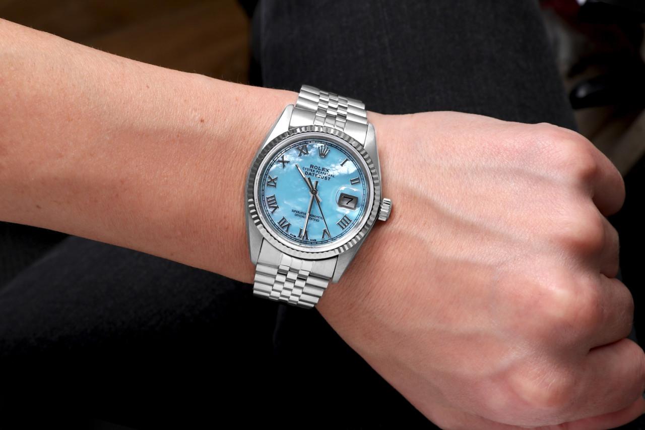 Rolex Datejust Baby Blue Mother of Pearl Roman Numeral Dial with 18k Fluted For Sale 2
