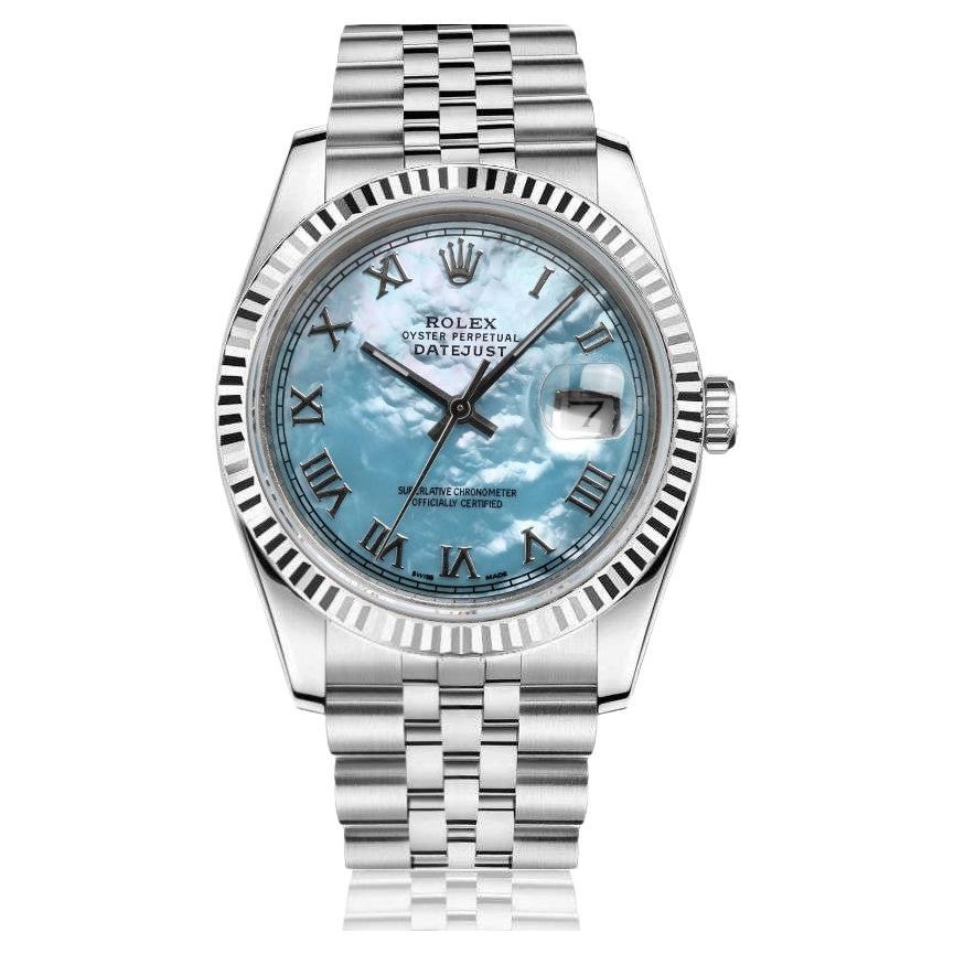 Rolex Datejust Baby Blue Mother of Pearl Roman Numeral Dial with 18k Fluted For Sale