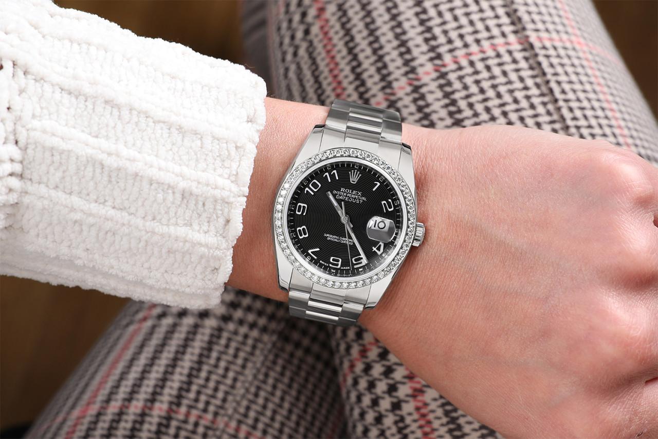 Rolex Datejust Black Arabic Numerals Dial Stainless Steel Watch In Excellent Condition For Sale In New York, NY