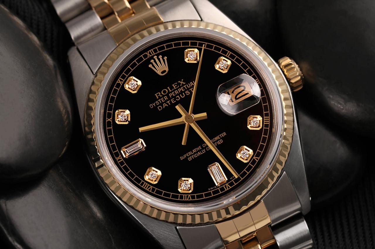 Taille ronde Rolex Datejust 16013  Montre à cadran noir avec baguettes 6&9 en or jaune 18 carats et SS en vente
