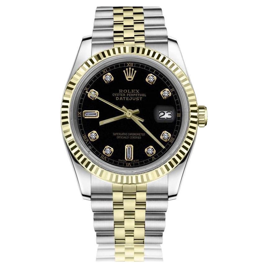 Rolex Datejust 16013  Montre à cadran noir avec baguettes 6&9 en or jaune 18 carats et SS en vente