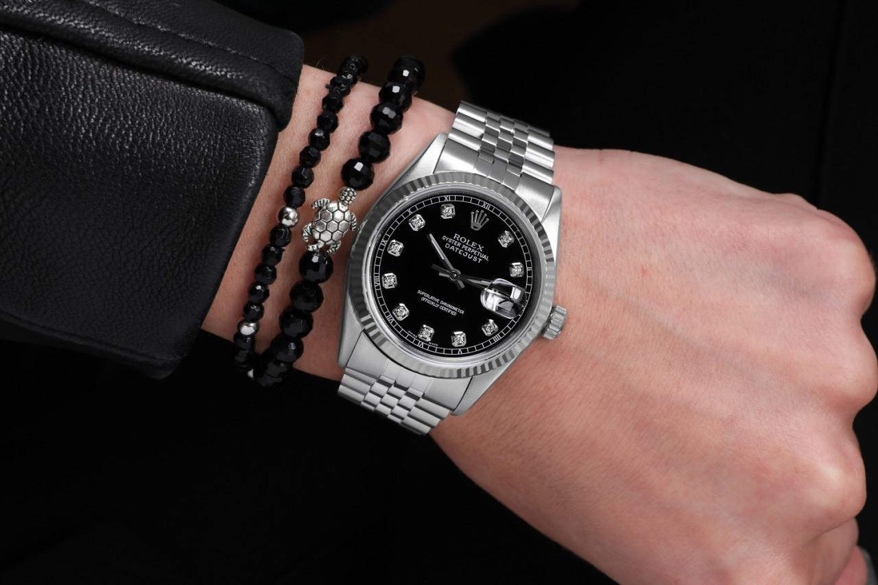 Rolex Montre Datejust 36 mm avec cadran noir en acier inoxydable et diamants 16014 en vente 3
