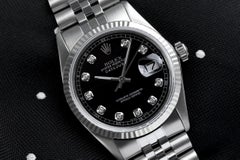 Rolex Datejust Black Dial with Diamonds 16014 Stainless Steel Jubilee Band
