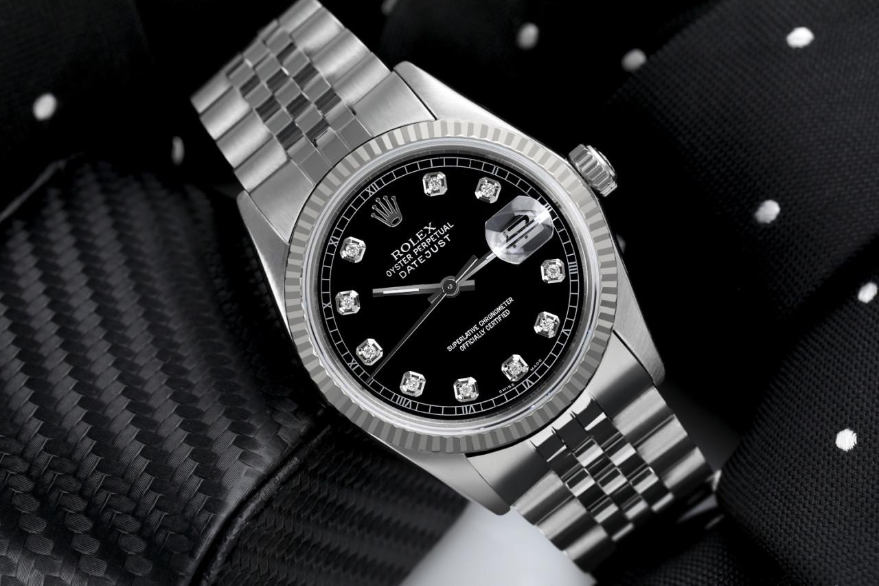 Taille ronde Rolex Montre Datejust 36 mm avec cadran noir en acier inoxydable et diamants 16014 en vente