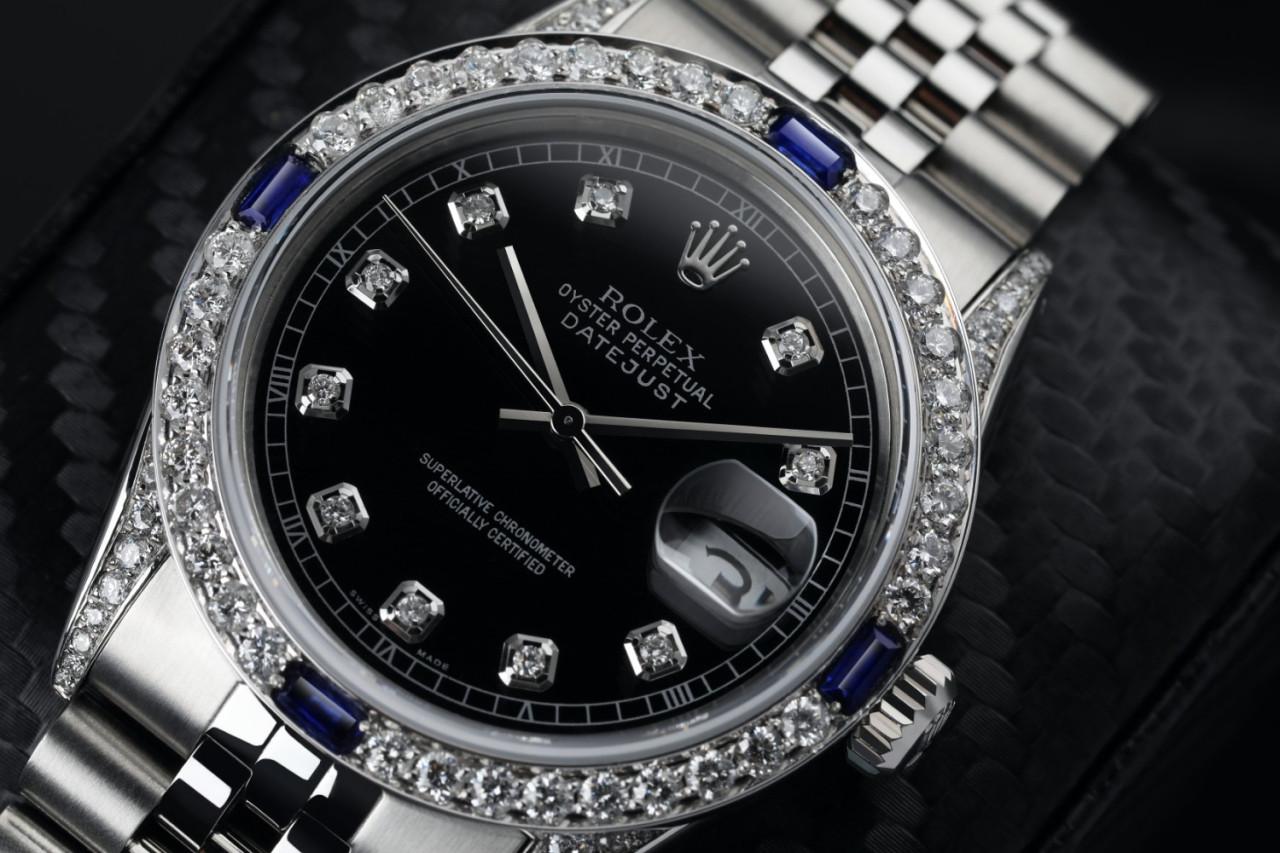 Rolex 36mm Datejust schwarzes Diamant-Zifferblatt mit blauem Saphir & Diamant-Lünette Automatikuhr 16014
