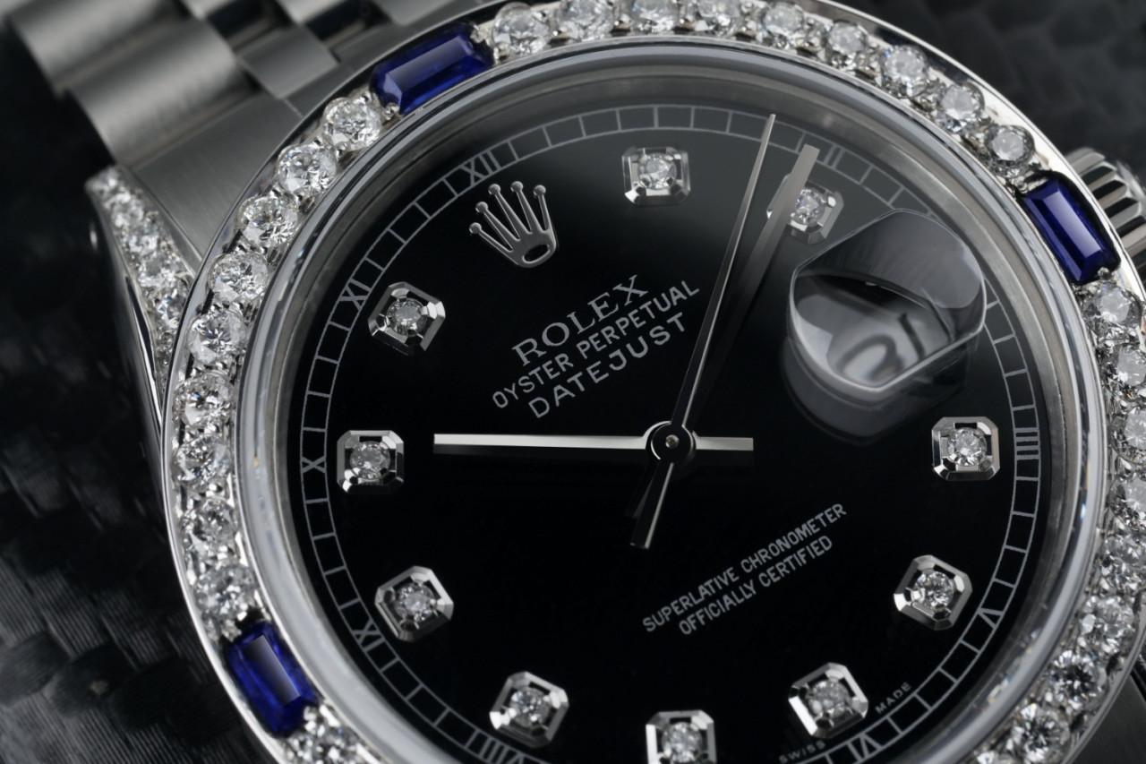 Rolex Datejust Schwarzes Diamant-Zifferblatt mit blauem Saphir- und Diamant-Lünette 16014 im Zustand „Hervorragend“ im Angebot in New York, NY