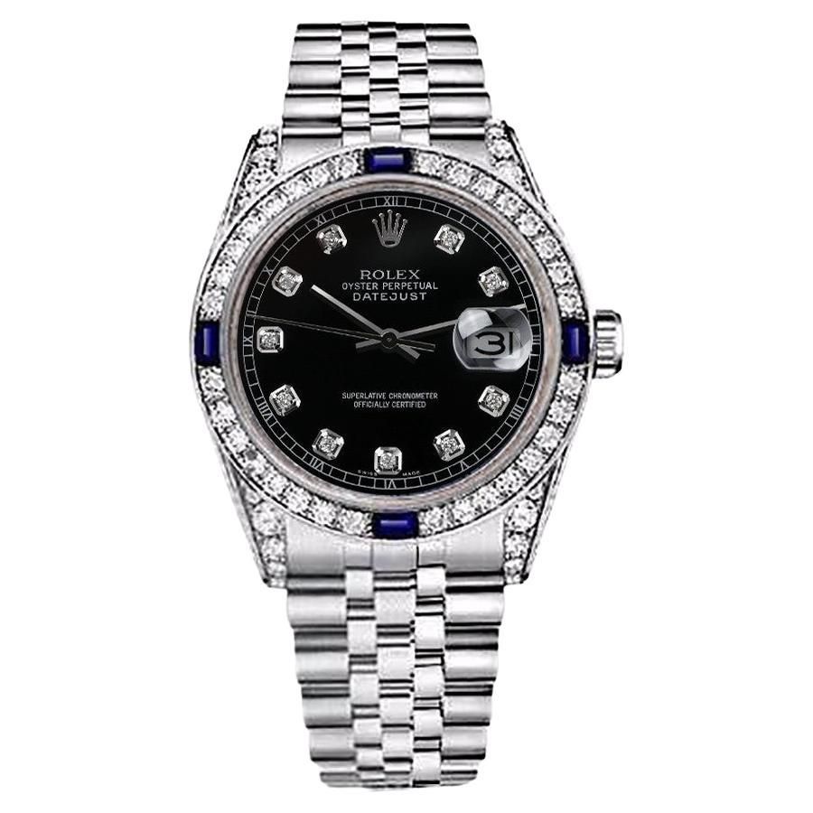 Rolex Datejust Black Diamond Dial with Blue Sapphire & Diamond Bezel 16014 For Sale