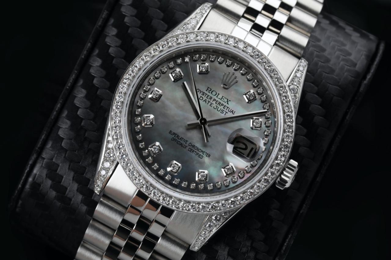 Rolex Datejust Schwarze Perlmutt String Zifferblatt Diamant Lünette & Gepäckuhr (Rundschliff) im Angebot