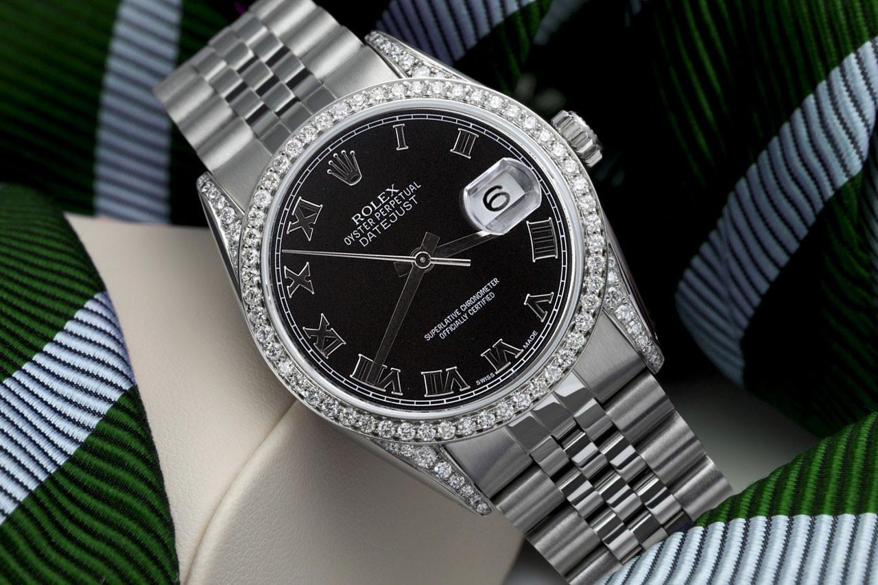 Rolex Datejust Black Roman Dial Stainless Steel Jubilee Watch Diamond Bezel In Excellent Condition For Sale In New York, NY
