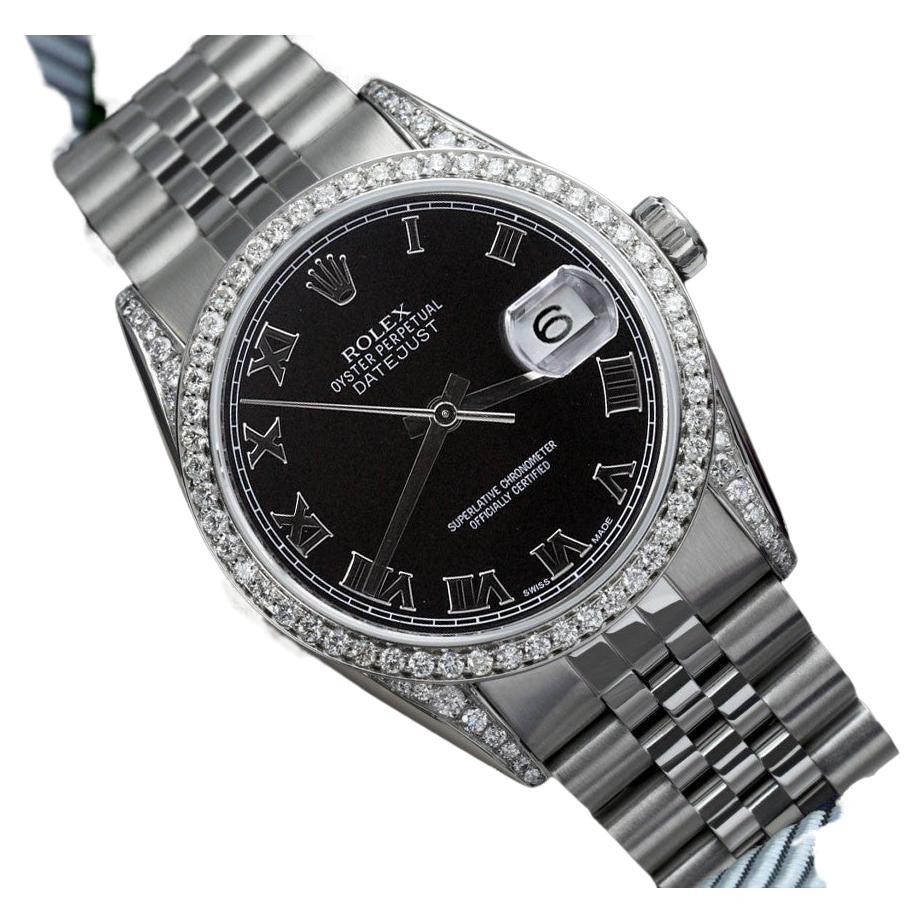 Rolex Datejust Montre jubilé en acier inoxydable cadran romain noir Lunette à diamants en vente