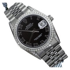 Vintage Rolex Datejust Black Roman Dial Stainless Steel Jubilee Watch Diamond Bezel