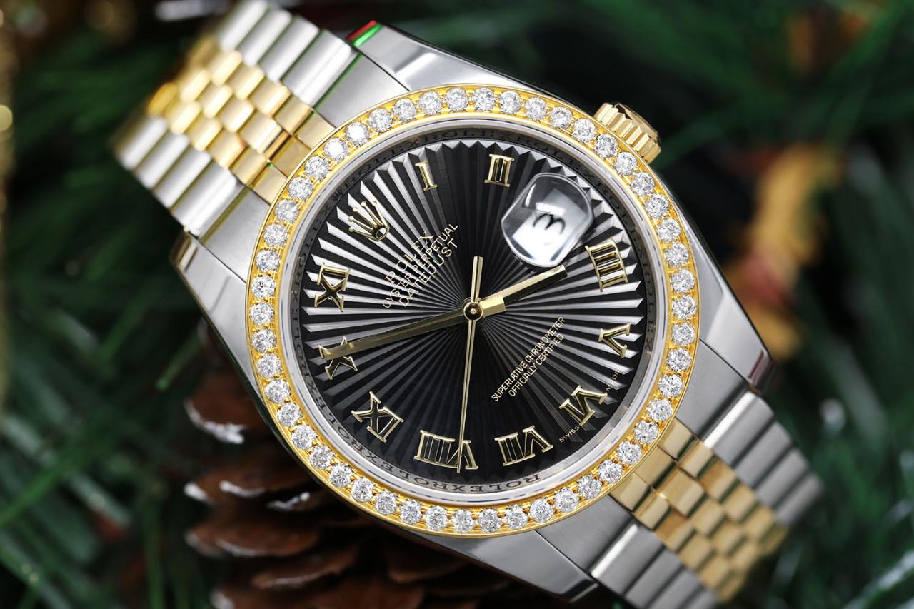 Rolex 36mm Datejust Black Sundust Roman Dial with Diamond Bezel Two Tone Watch Jubilee Hidden Clasp 116233

This watch is in perfect condition. It has been polished, professionally serviced and has no visible scratches or blemishes. Great option for