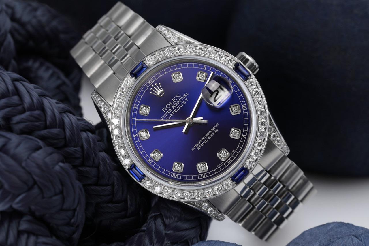Rolex Datejust 36 mm Cadran bleu avec diamants, lunette saphir et diamants, bracelet jubilé 16014