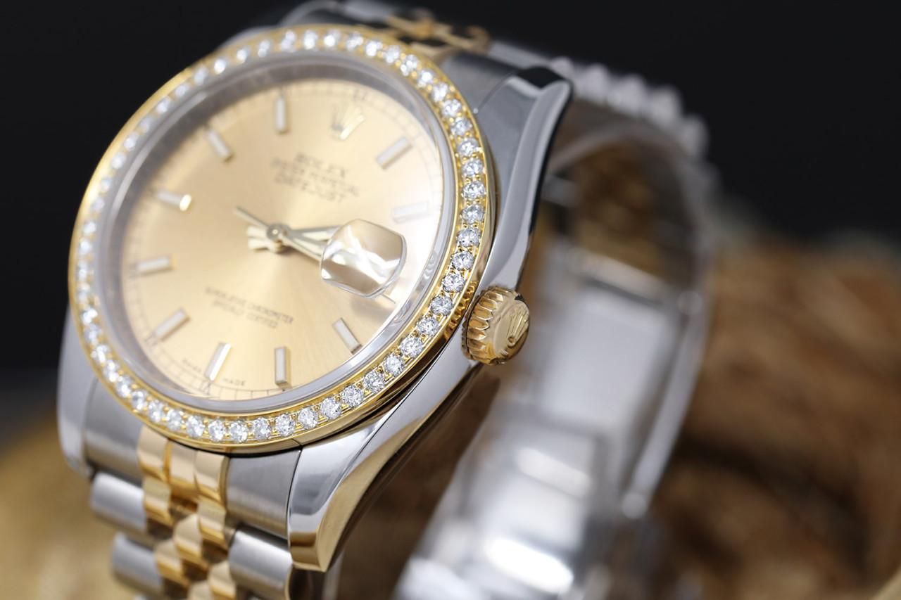 Rolex 36mm Datejust Champagne Index Dial with Diamond Bezel Two Tone Watch Jubilee Hidden Clasp 116233  

This watch is in perfect condition. It has been polished, professionally serviced and has no visible scratches or blemishes. Great option for a