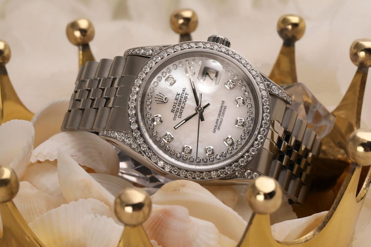 Rolex Datejust Klassische Edelstahl-Uhr 16014 mit weißem MOP-Zifferblatt und Diamanten für Damen oder Herren im Angebot