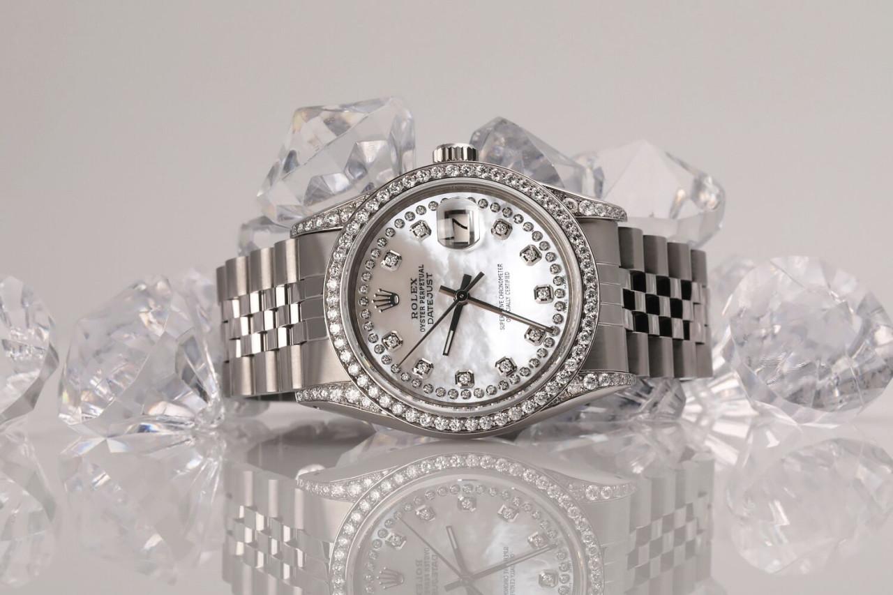 Rolex Datejust Klassische Edelstahl-Uhr 16014 mit weißem MOP-Zifferblatt und Diamanten im Angebot 1