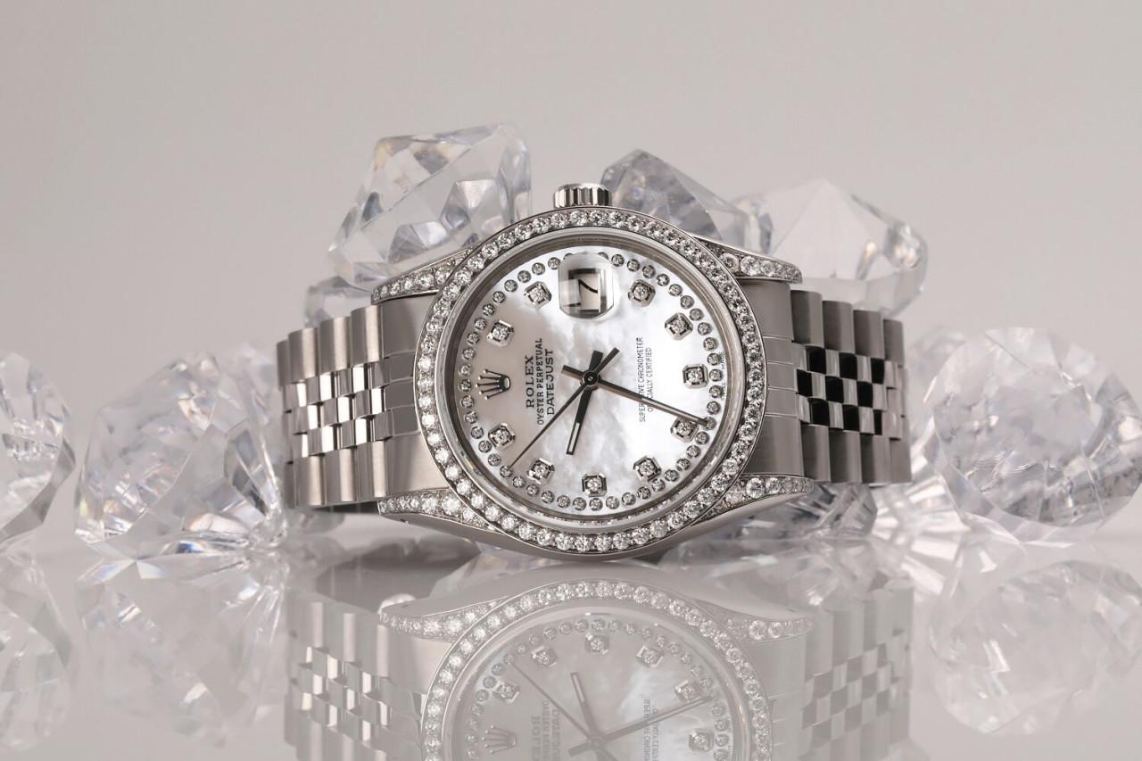 Rolex Datejust Classic Quadrante bianco MOP in acciaio inossidabile con diamanti Orologio 16014 in vendita 1