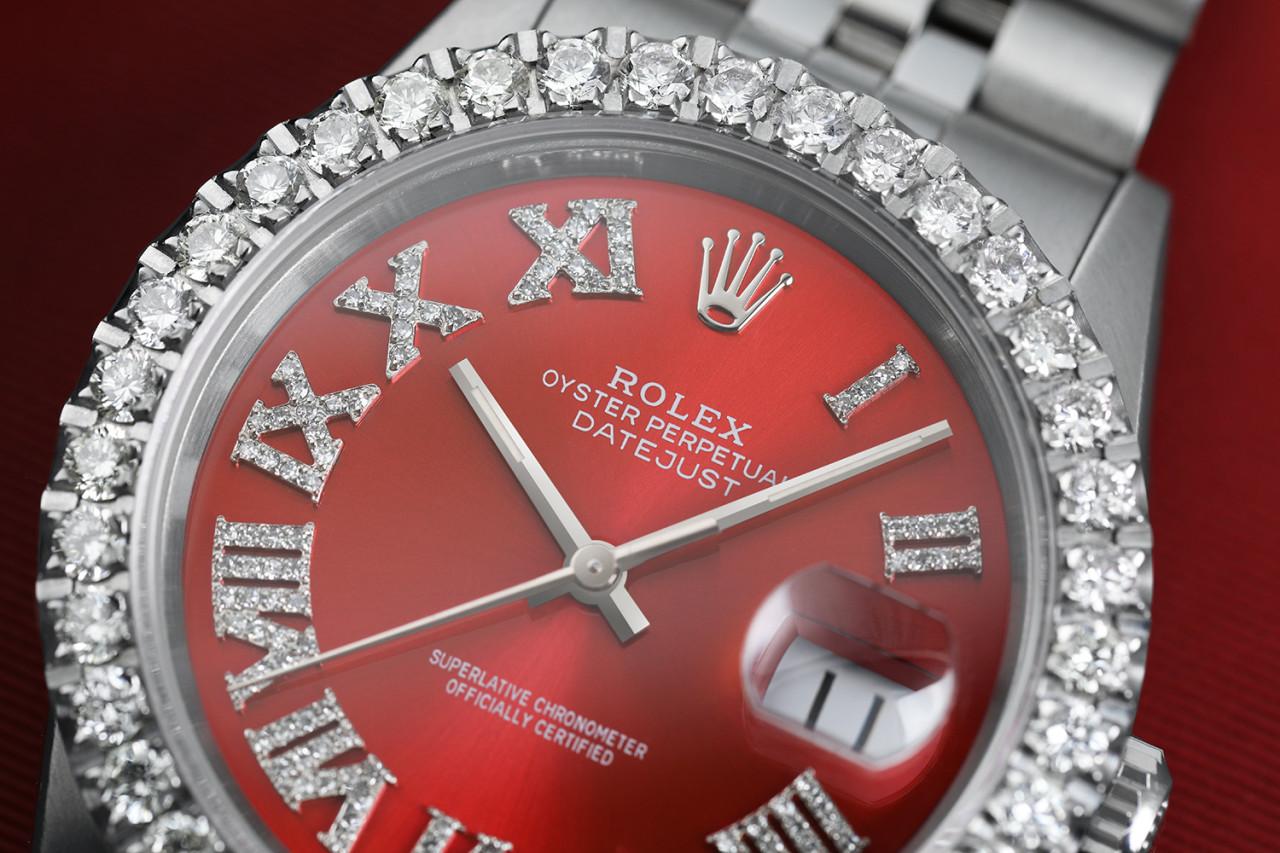 Rolex 36mm Datejust Custom Diamond Bezel, Red Diamond Roman Dial 16014
This watch is in like new condition. It has been polished, serviced and has no visible scratches or blemishes. All our watches come with a standard 1 year mechanical warranty and