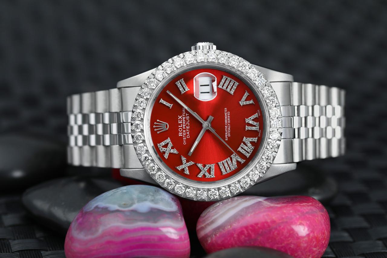Taille ronde Rolex Montre Datejust avec lunette en diamants sur mesure, cadran romain en diamants rouges 16014 en vente