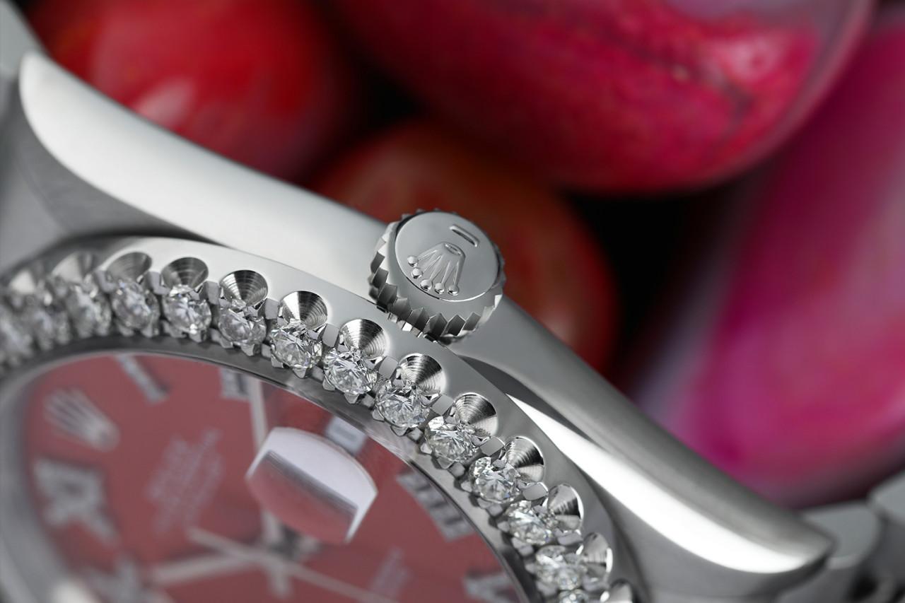 Taglio rotondo Rolex Datejust Custom lunetta con diamanti, quadrante romano con diamanti rossi 16014 in vendita