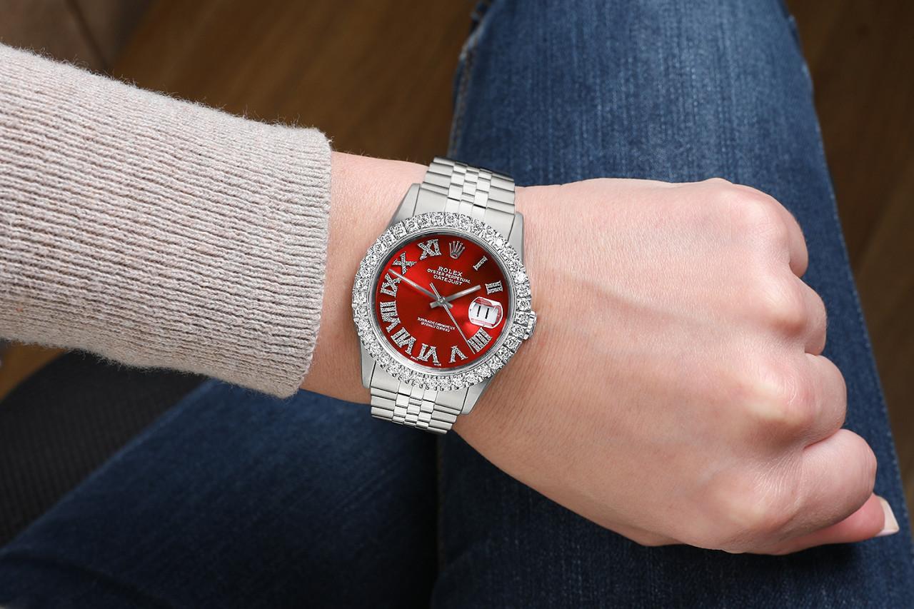 Rolex Datejust Custom Diamond Bezel, Red Diamond Roman Dial 16014 In Excellent Condition For Sale In New York, NY