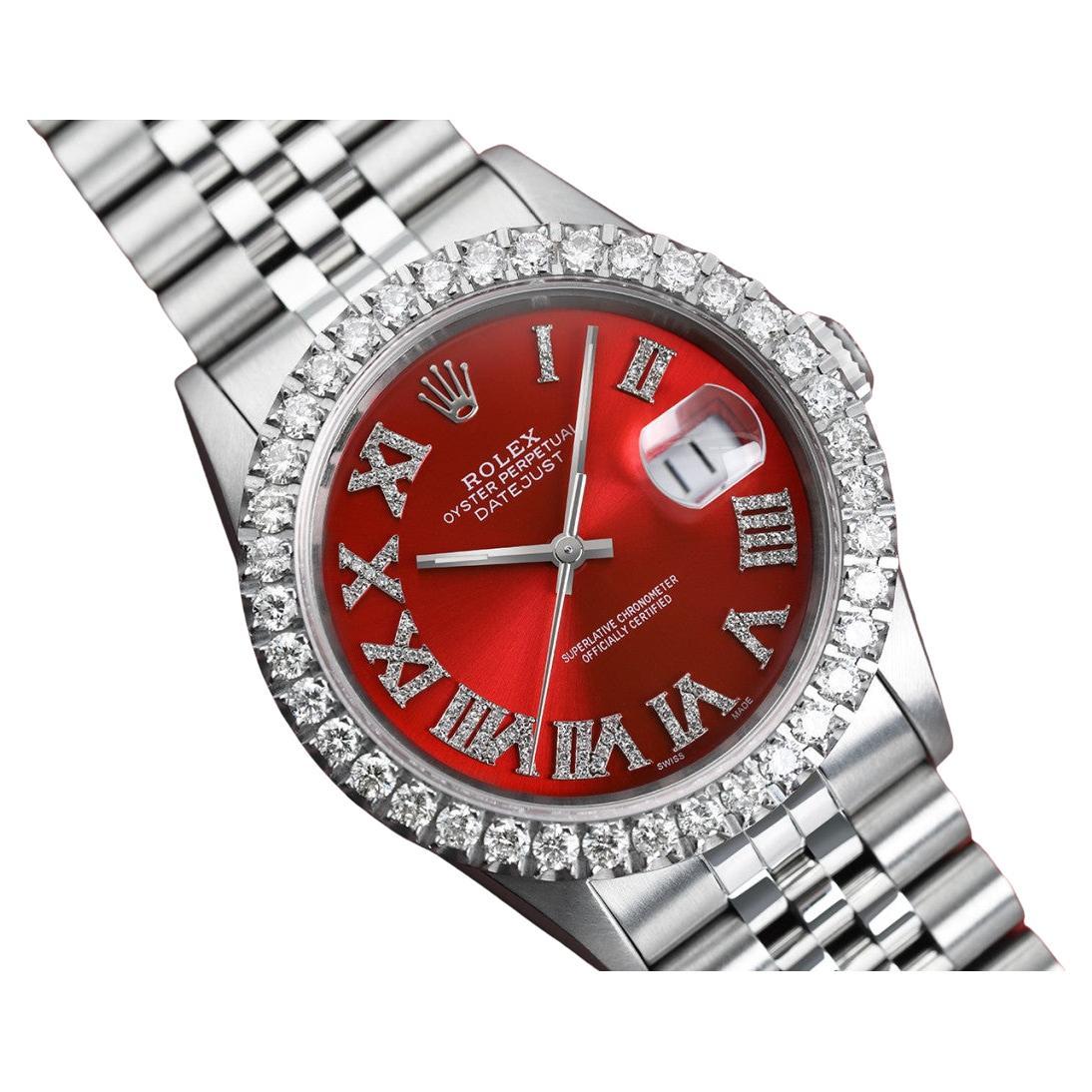 Rolex Montre Datejust avec lunette en diamants sur mesure, cadran romain en diamants rouges 16014 en vente