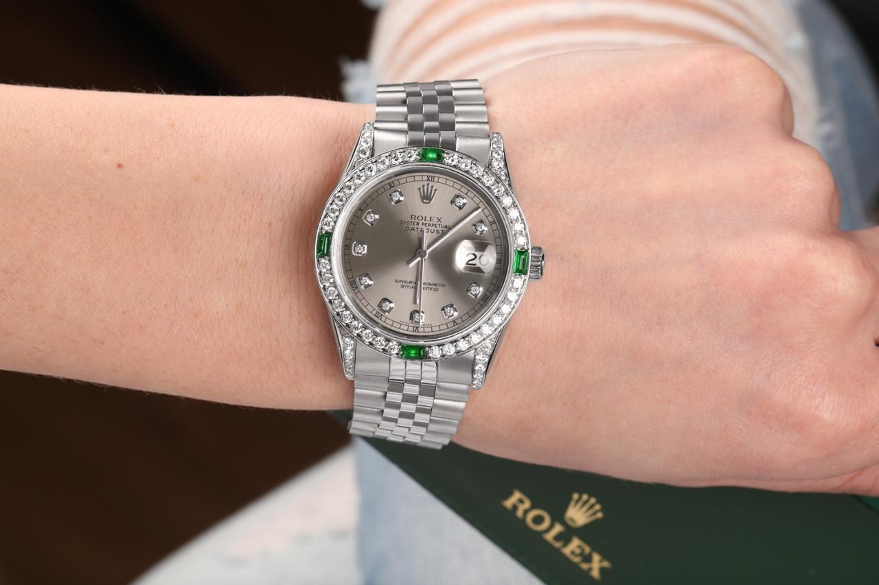 Rolex Datejust Dark Grey Diamond Dial with Diamond & Emerald Bezel Watch  In Excellent Condition For Sale In New York, NY