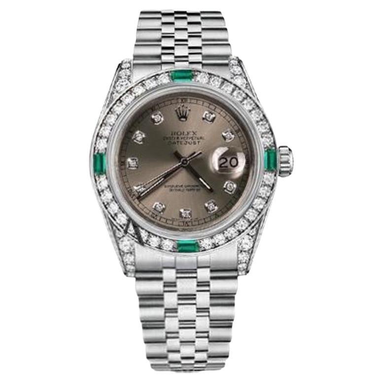Rolex Datejust Uhr mit dunkelgrauem Diamant-Zifferblatt mit Diamant- und Smaragd-Lünette  im Angebot
