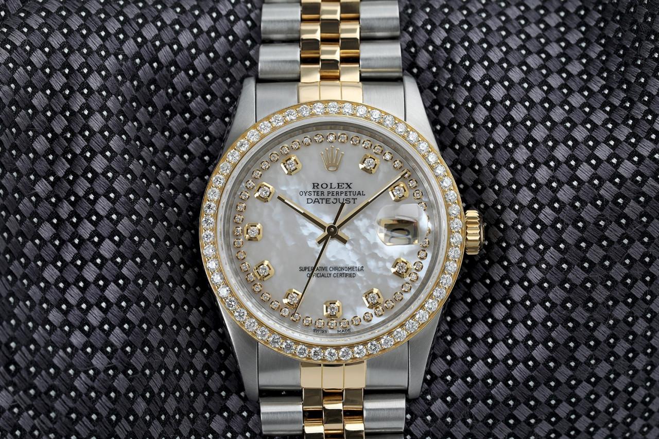 Rolex Datejust Diamond Bezel White MOP String Diamond Dial Jubilee Band In Excellent Condition For Sale In New York, NY
