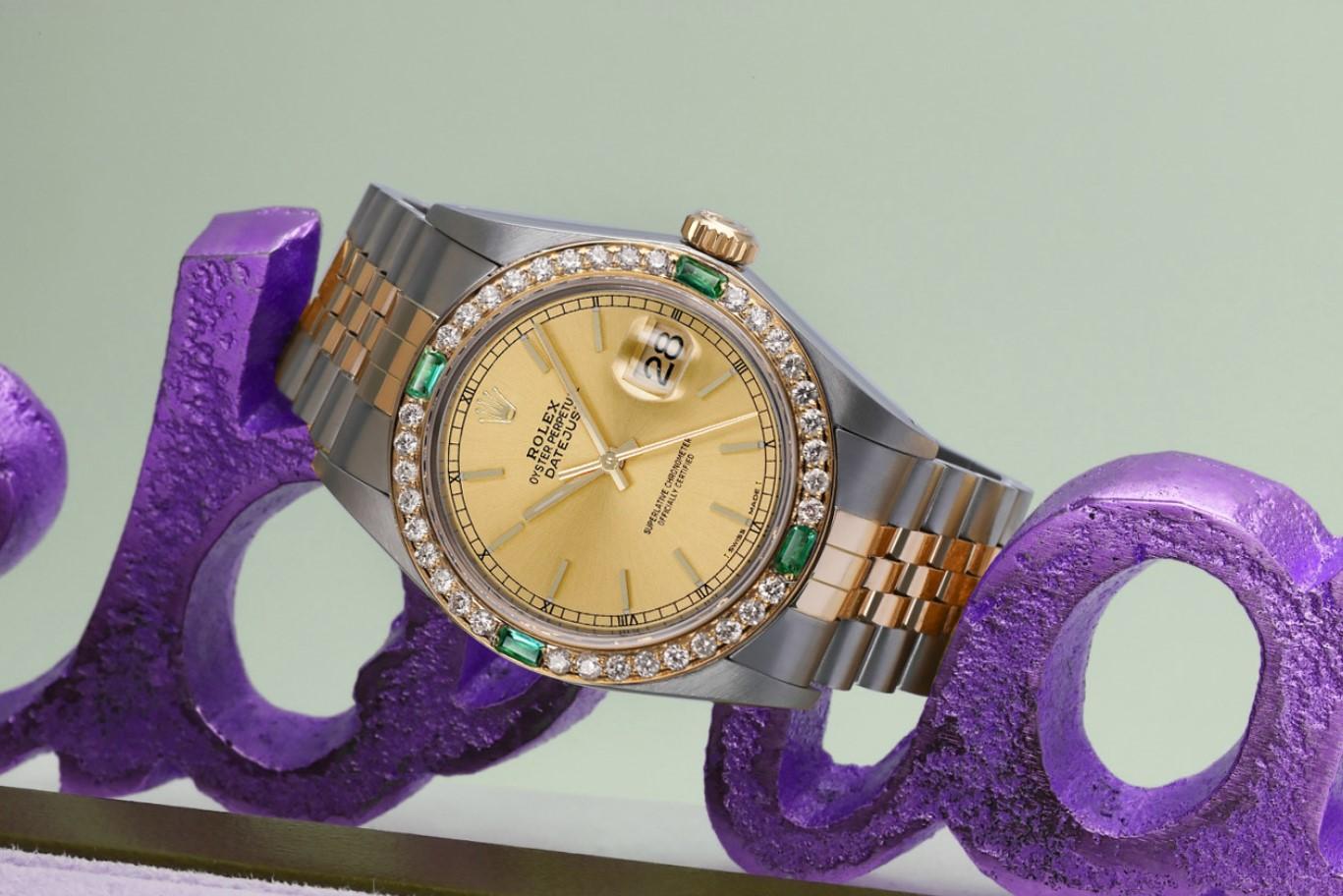 Rolex 36mm Datejust Diamond/Emerald Bezel Champagne Stick Dial Two Tone Watch 

We take great pride in presenting this timepiece, which is in impeccable condition, having undergone professional polishing and servicing to maintain its pristine