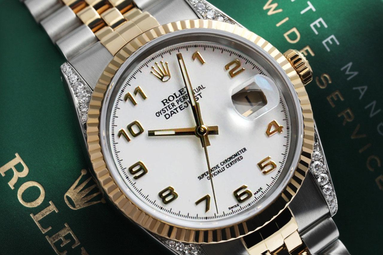 Round Cut Rolex Datejust Diamond Lugs White Dial Two Tone Watch For Sale