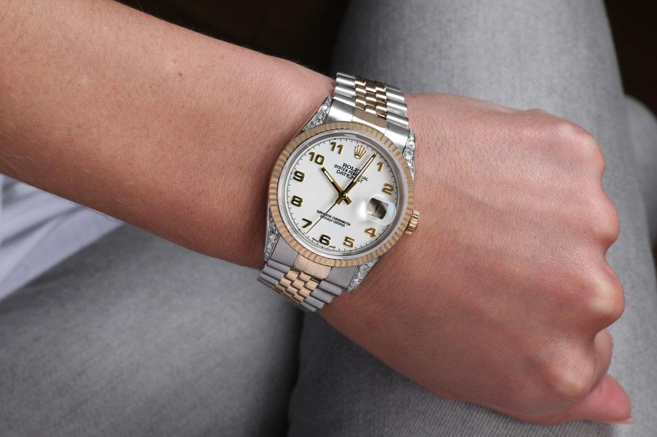 Rolex Datejust Diamond Lugs White Dial Two Tone Watch In Excellent Condition For Sale In New York, NY