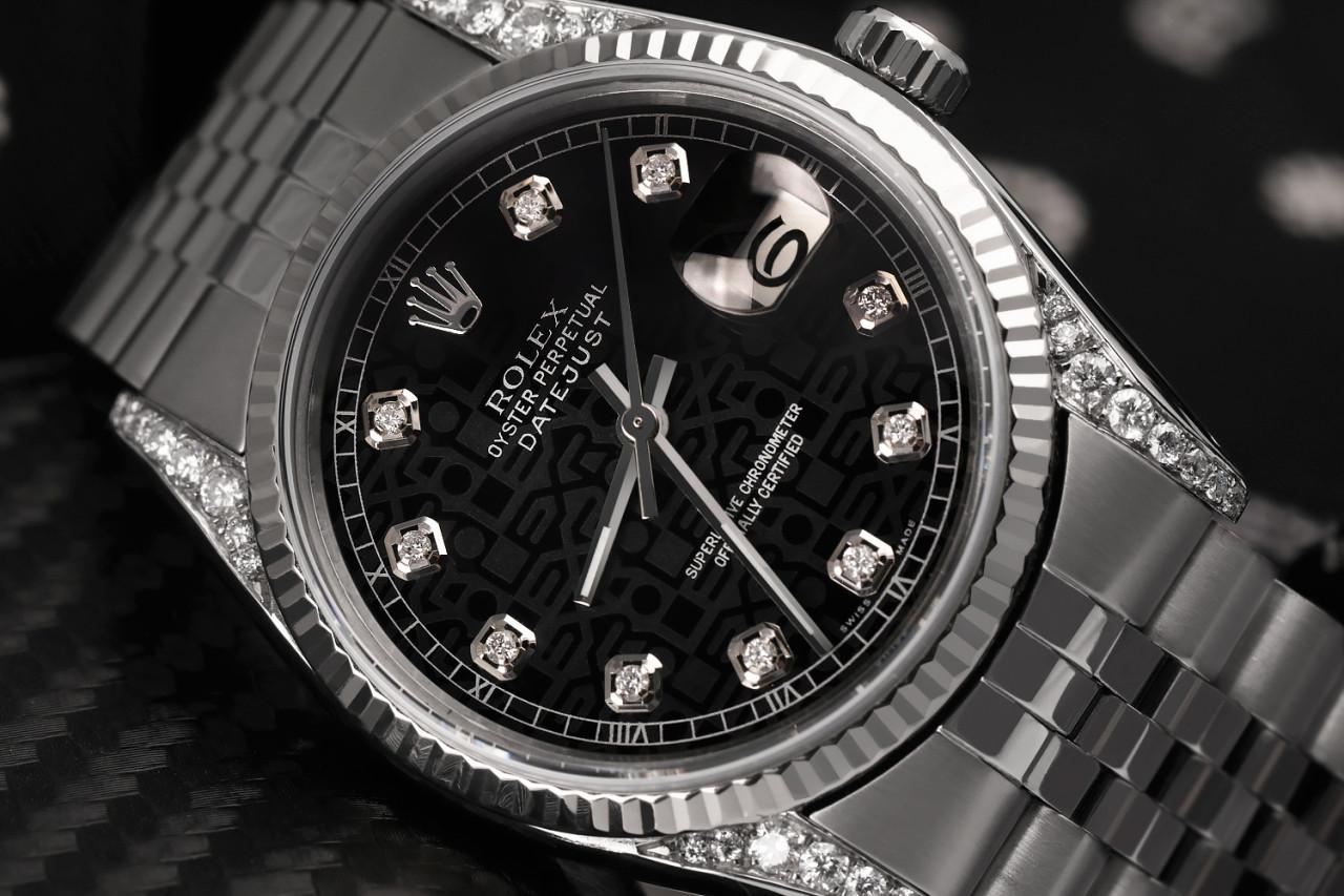 Rolex Datejust 36mm Custom Black Jubilee Diamond Dial and Diamond Lugs.Stainless Steel Watch with Jubilee Band 16030

This watch is in like new condition. It has been polished, serviced and has no visible scratches or blemishes. All our watches come
