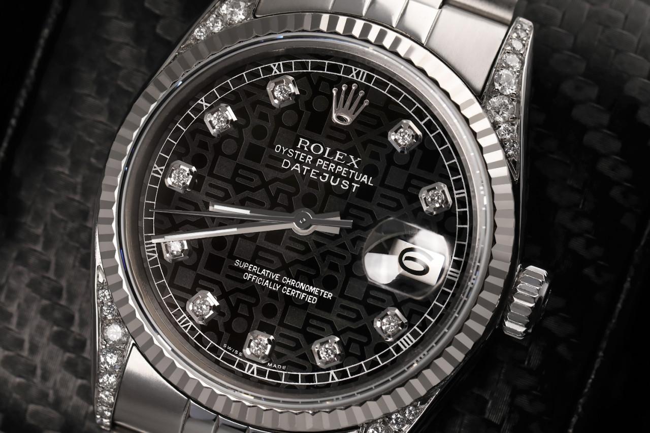 Round Cut Rolex Datejust Discreet Jubilee Design Black Diamond Dial 18k WG Bezel For Sale