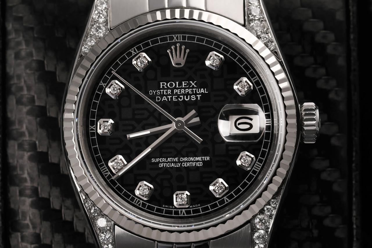 Rolex Datejust Discreet Jubilee Design Black Diamond Dial 18k WG Bezel In Excellent Condition For Sale In New York, NY