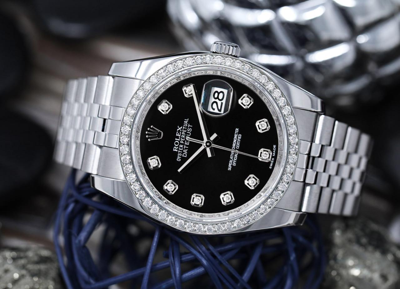 Rolex 36mm Datejust Factory Black Diamond Dial with Custom Diamond Bezel Stainless Steel Jubilee Hidden Clasp 116234. 

This watch is in perfect condition. It has been polished, professionally serviced and has no visible scratches or blemishes.