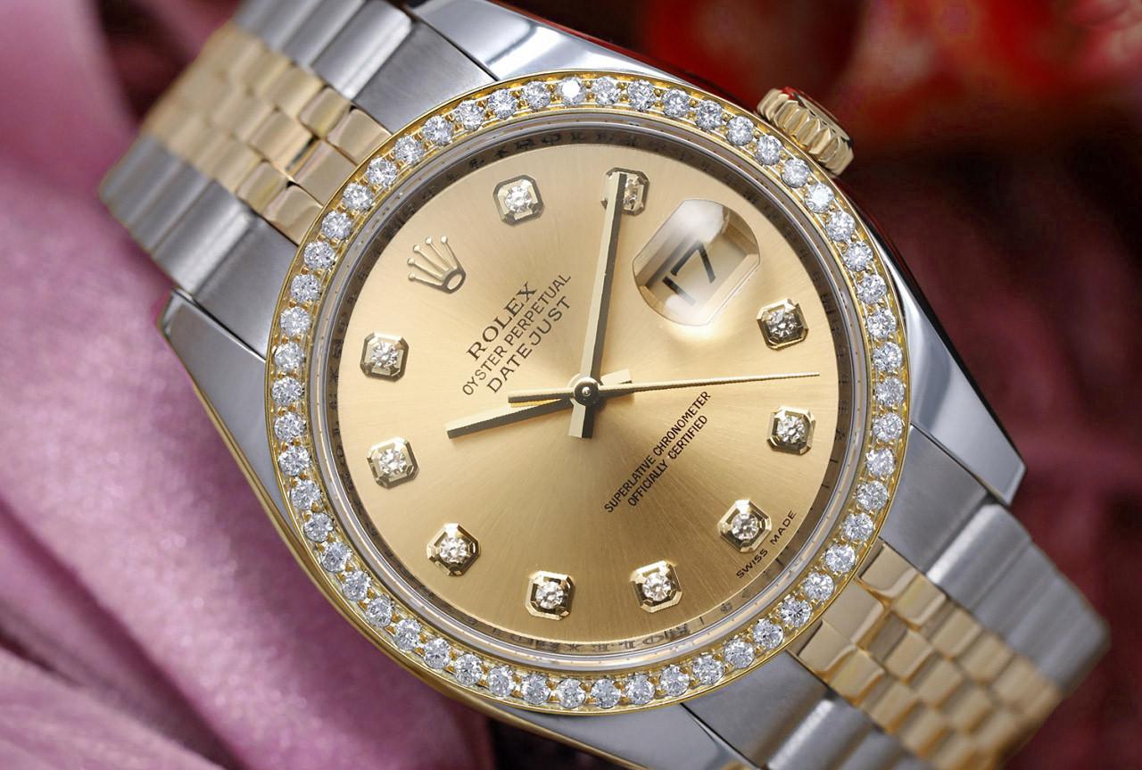 Rolex 36mm Datejust Factory Champagne Diamond Dial with Diamond Bezel Two Tone Watch Jubilee Hidden Clasp 116233  

This watch is in perfect condition. It has been polished, professionally serviced and has no visible scratches or blemishes. Great
